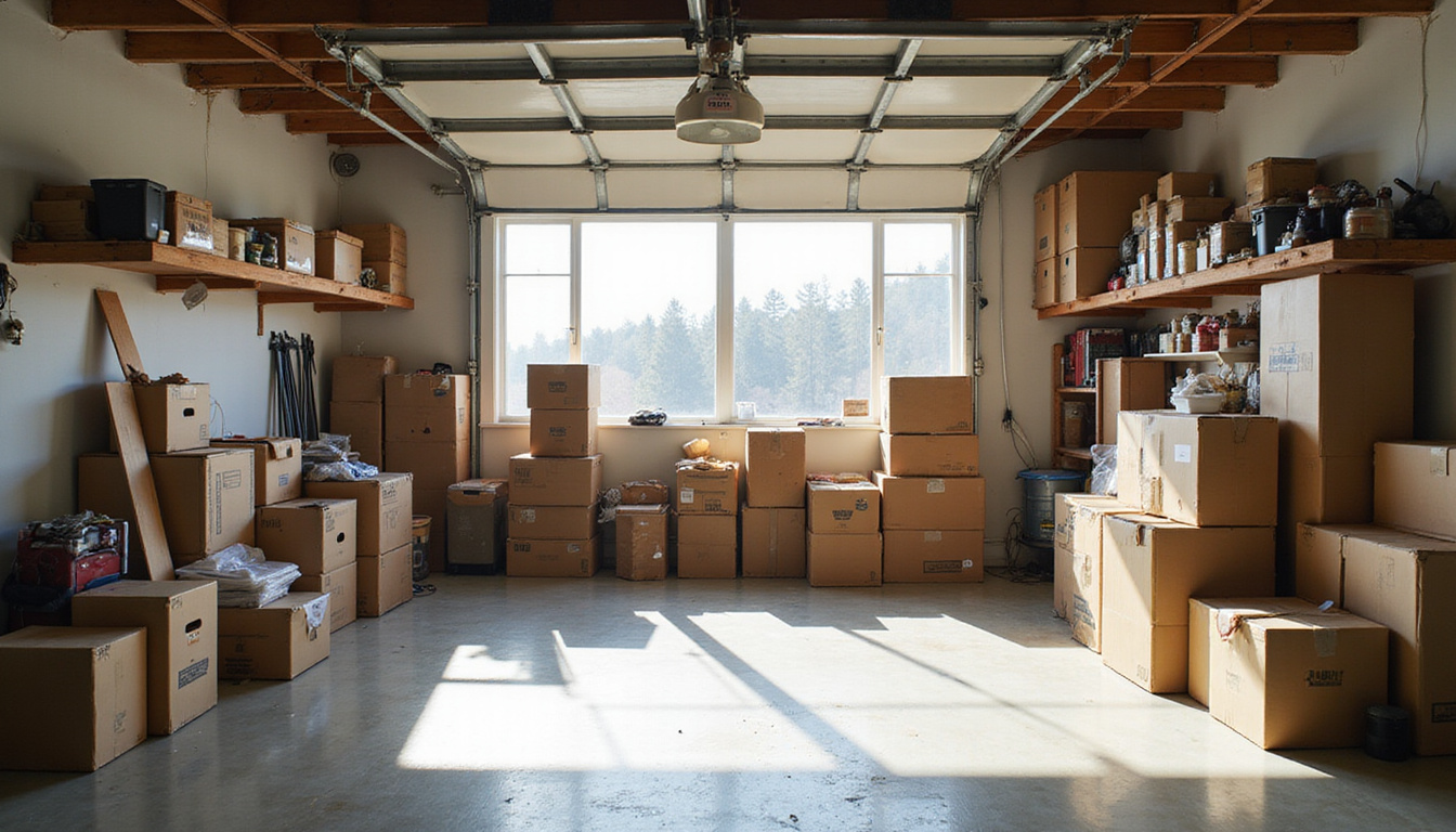  Before-and-after decluttered garage interior, moving boxes, donation pile, tidy shelves, sunlight, cinematic lens