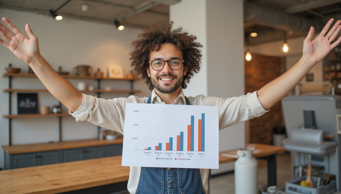  Confident local shop owner celebrating sales spike while analytics chart emerges from newspaper pages