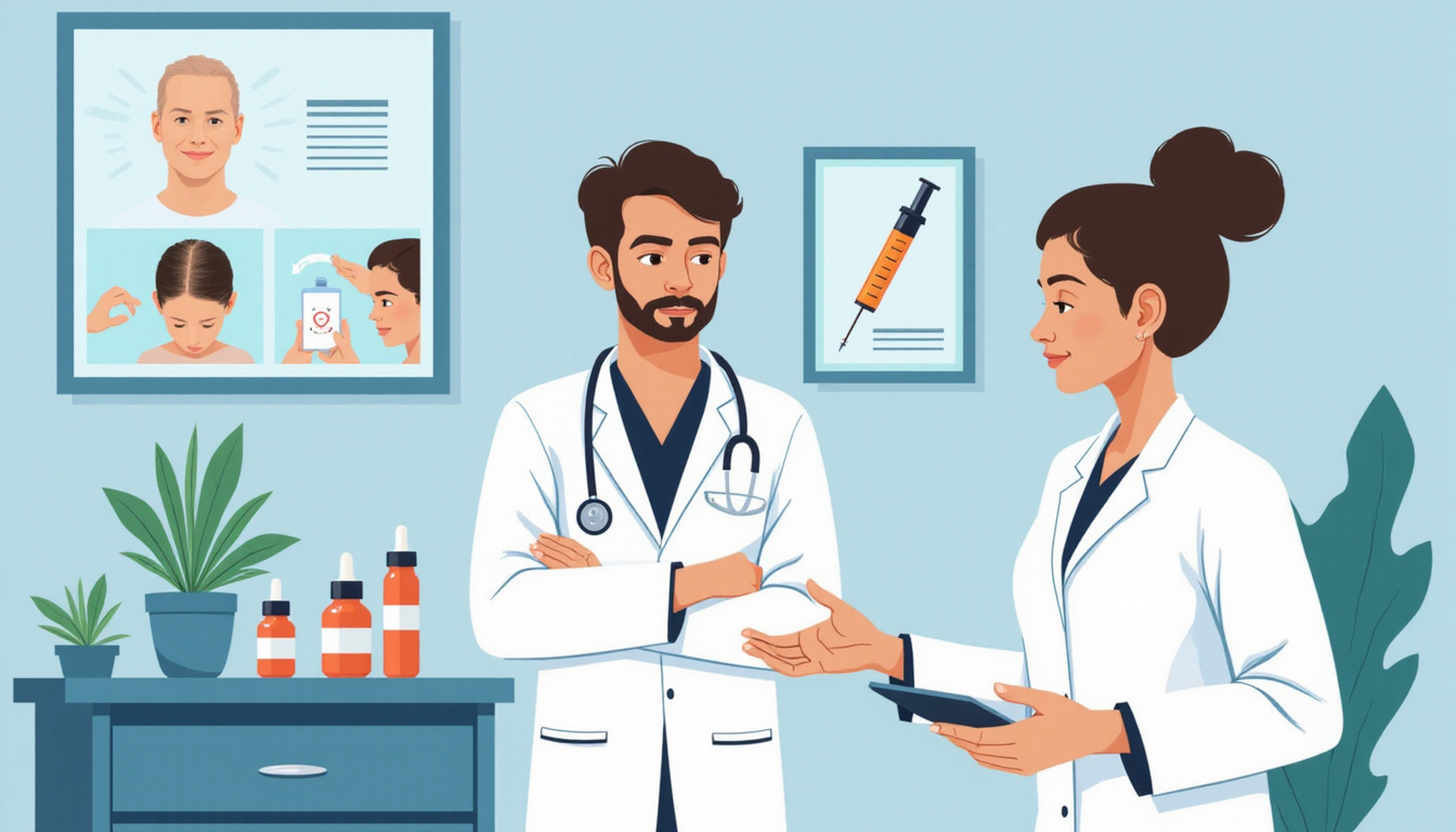  Medical trichoscopy consultation showing treatment options: topical bottles, PRP syringe, hair transplant diagram