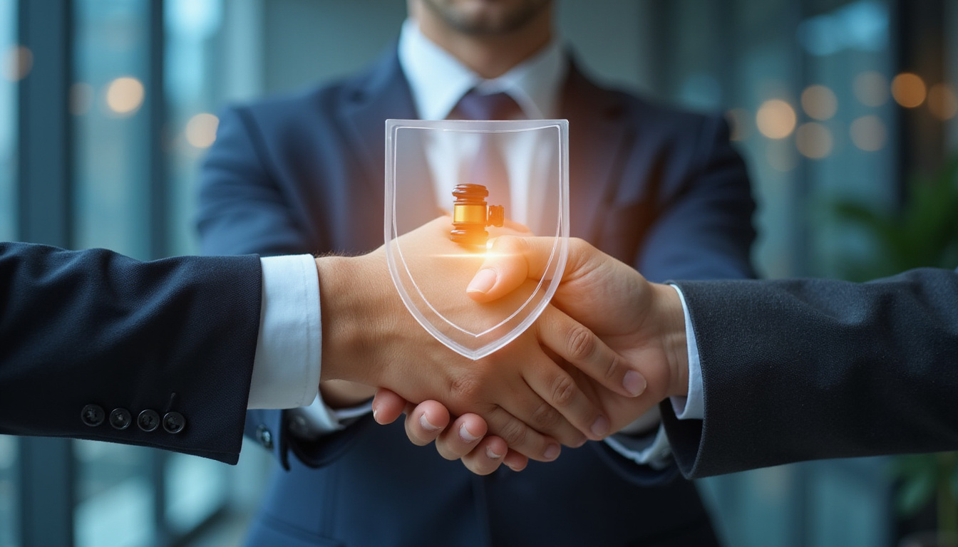  Hands exchanging contract beneath glowing shield hologram, courtroom gavel faintly reflected, corporate skyline