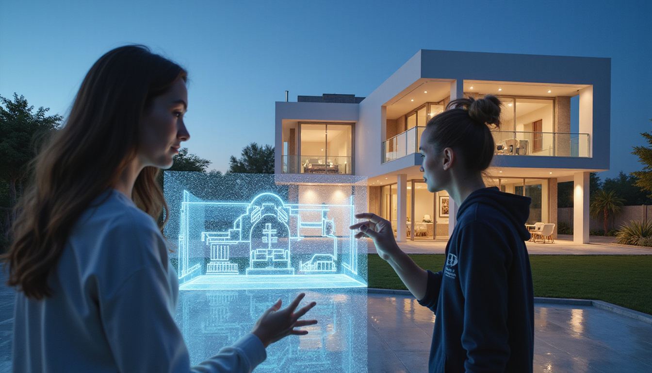  Buyer couple examining luxury villa blueprint in gated community, Arabic architecture, market trend holographic display
