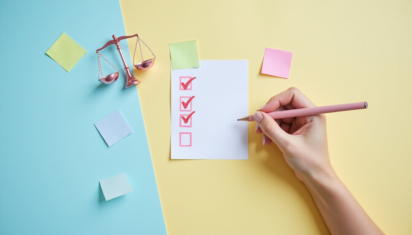 Person happily checking checklist, scales absent, friends celebrating, motivational sticky notes, soft pastel hues