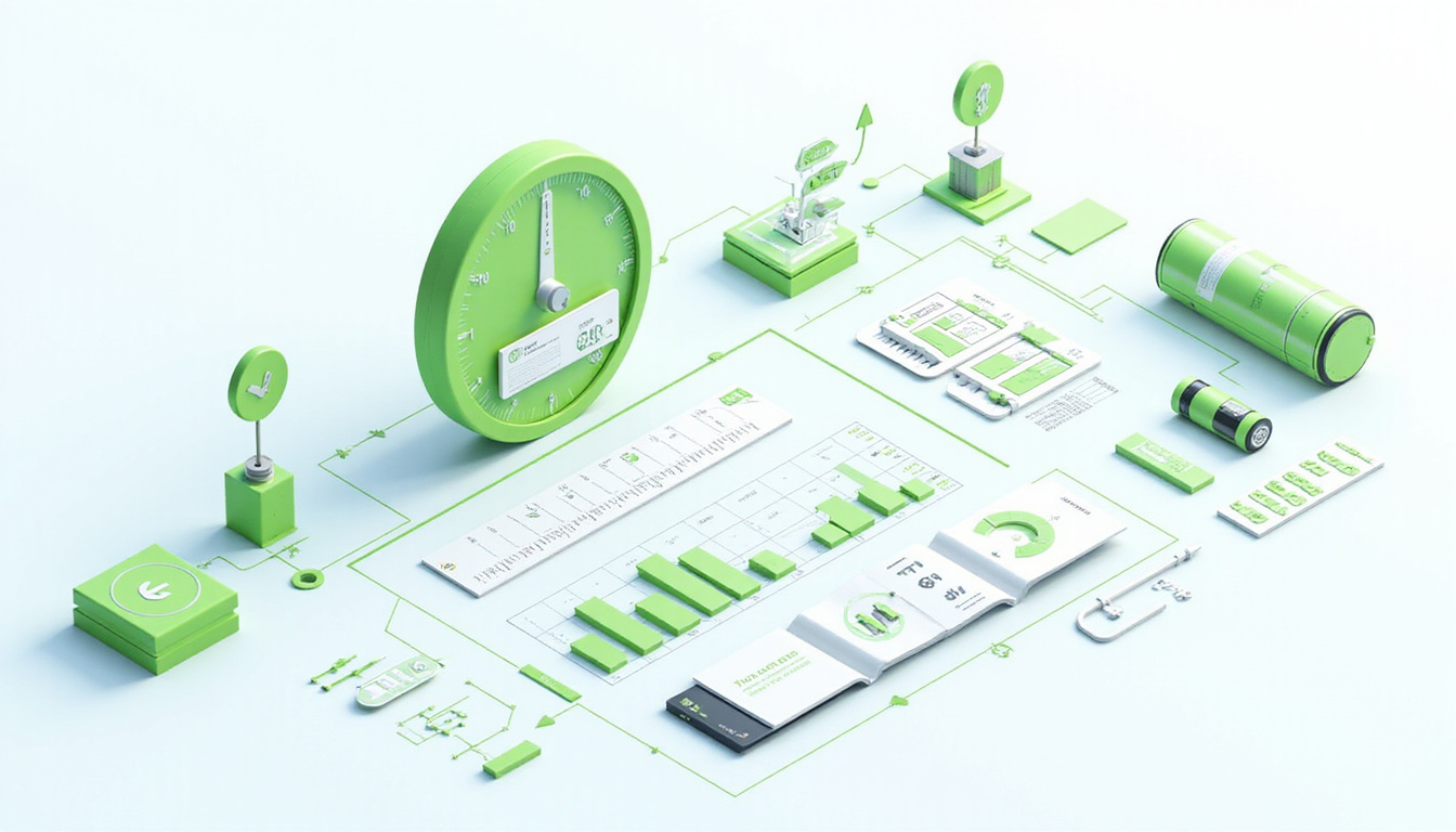 Isometric infographic of measurement dashboard, green success icons, battery swap, blueprint checklist, crisp vector