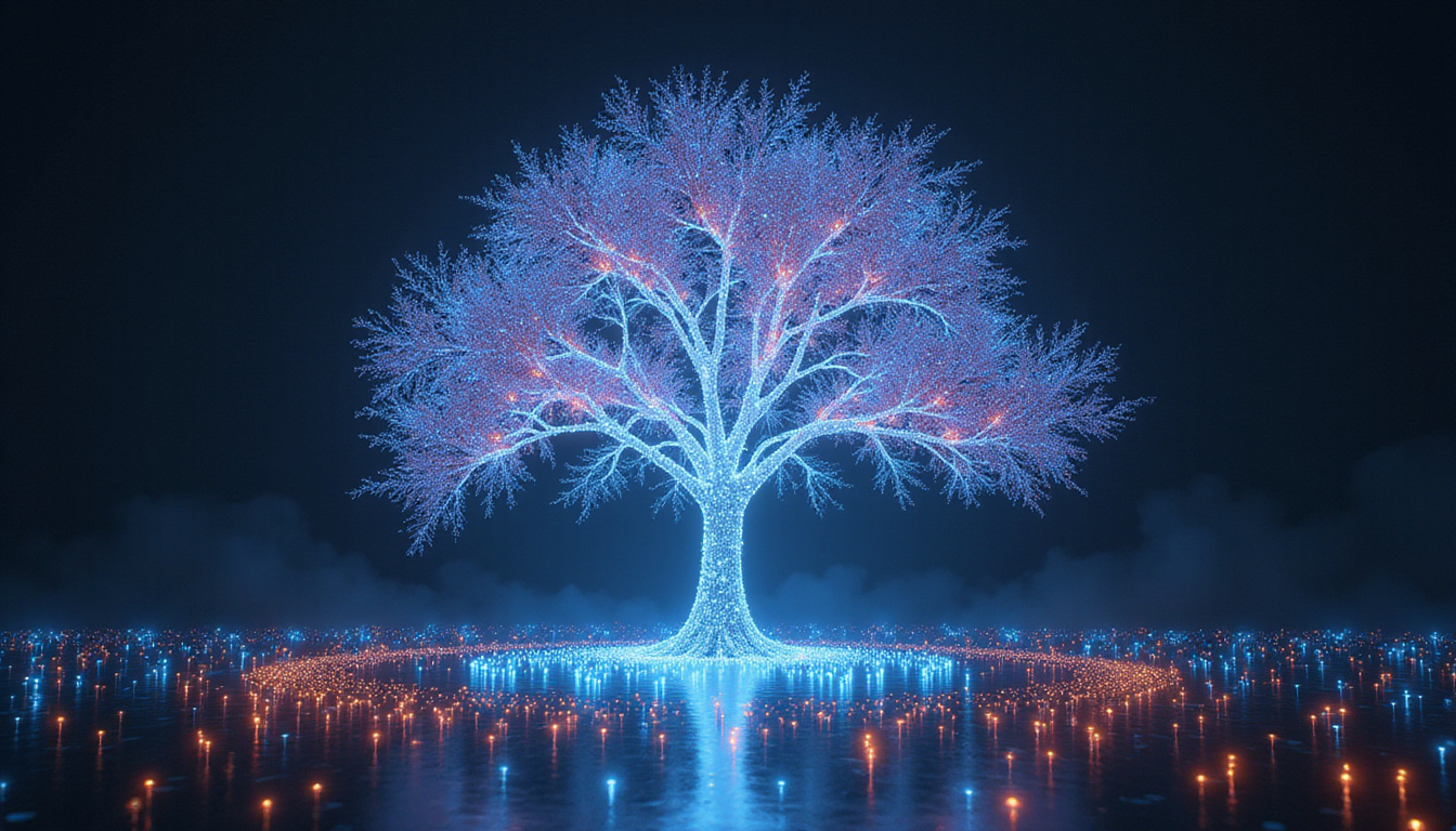  Network of sentient agents surrounding a luminous probability tree, shifting strategies, feedback loops