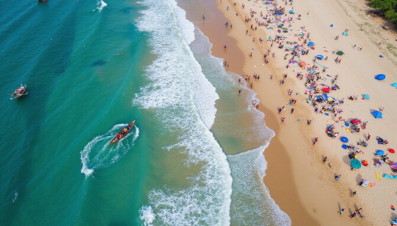 Aerial view of crowded Bali kite beaches, colorful kites, waves, traditional fishing boats
