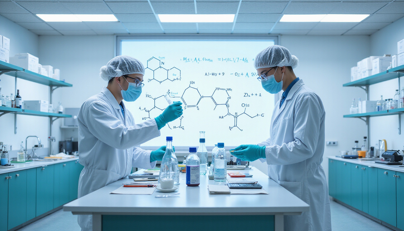 Sterile laboratory scene, scientists in cleanroom suits testing formulas, molecular diagrams, certification seals
