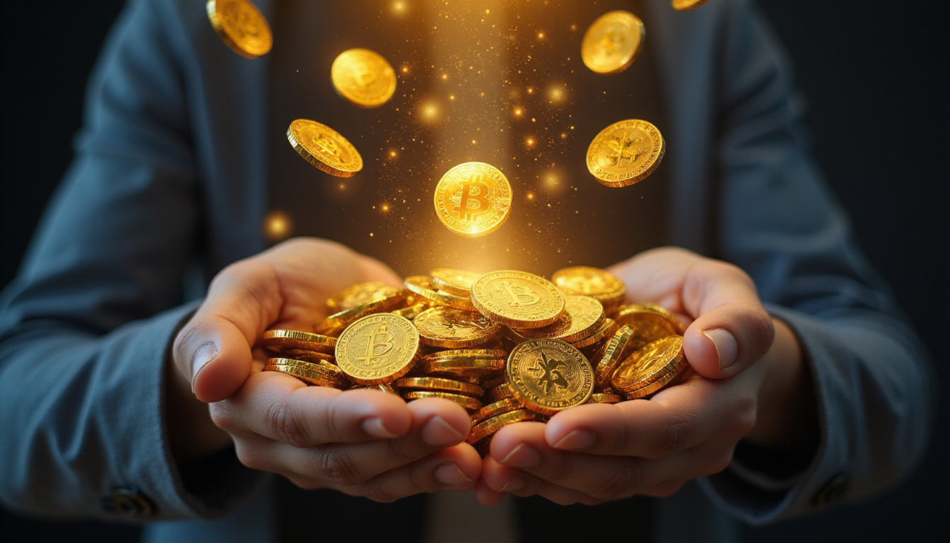 Gold governance coins raining into digital wallet, reward icons, hands celebrating, holographic interface