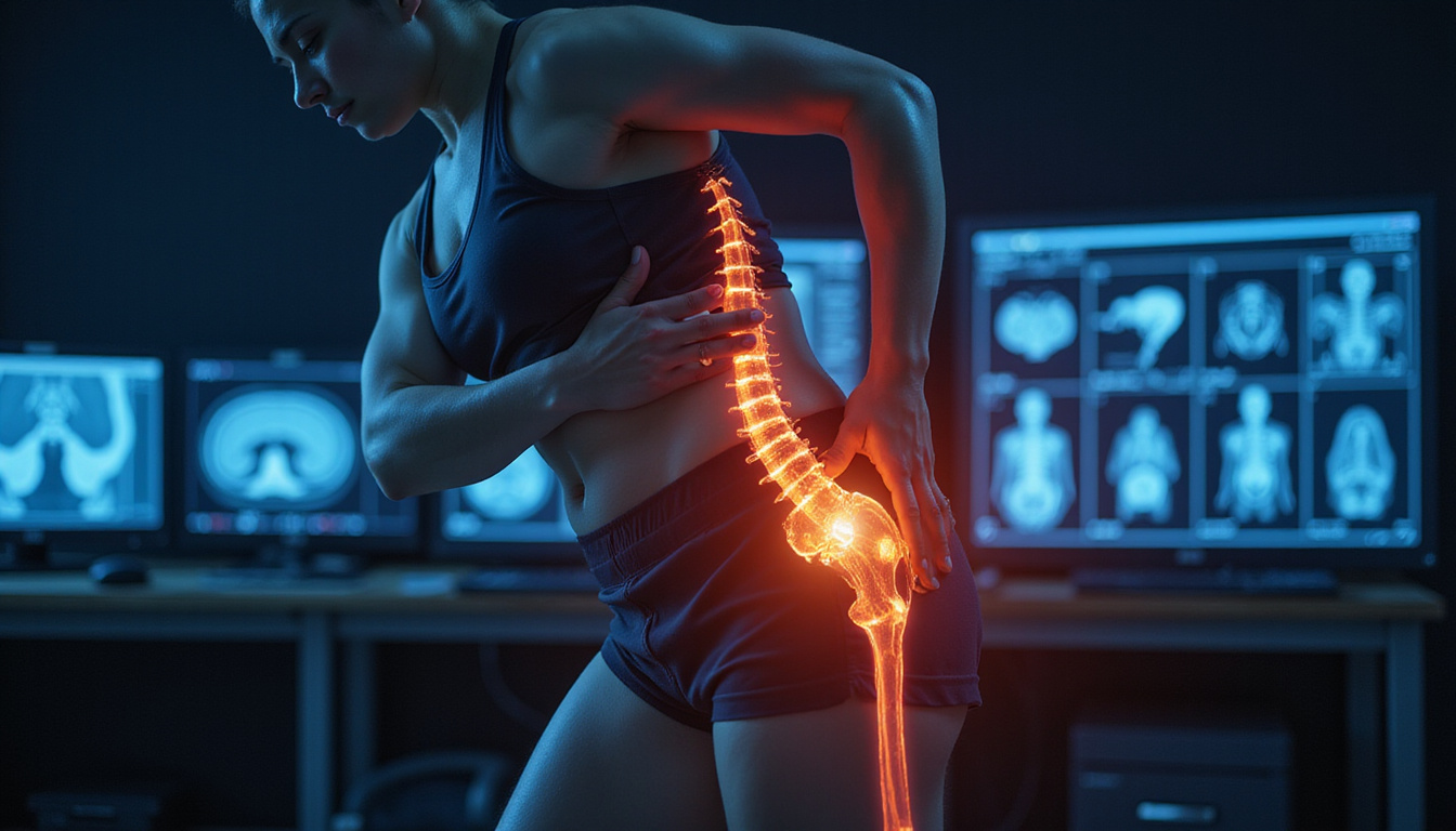  athlete clutching hip in pain, glowing sciatic nerve overlay, clinical MRI monitors, dramatic lighting