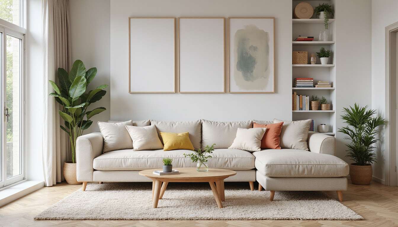  Minimalist living room after smart decluttering tips, tidy shelves, time-saving hacks infographic overlay