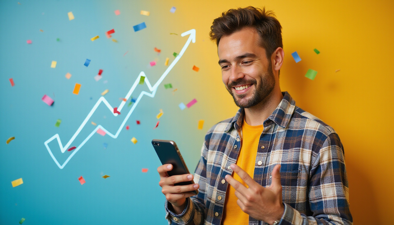  Smiling customer holding phone, rising loyalty graph, confetti, vibrant colors, low churn symbol