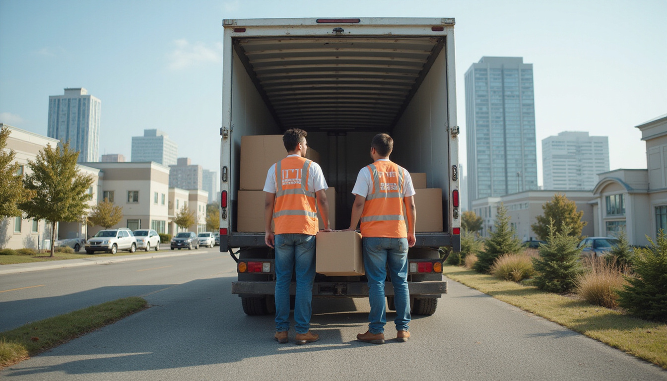  Friendly uniformed crew hauling furniture into truck, tidy driveway, modern city skyline background cinematic