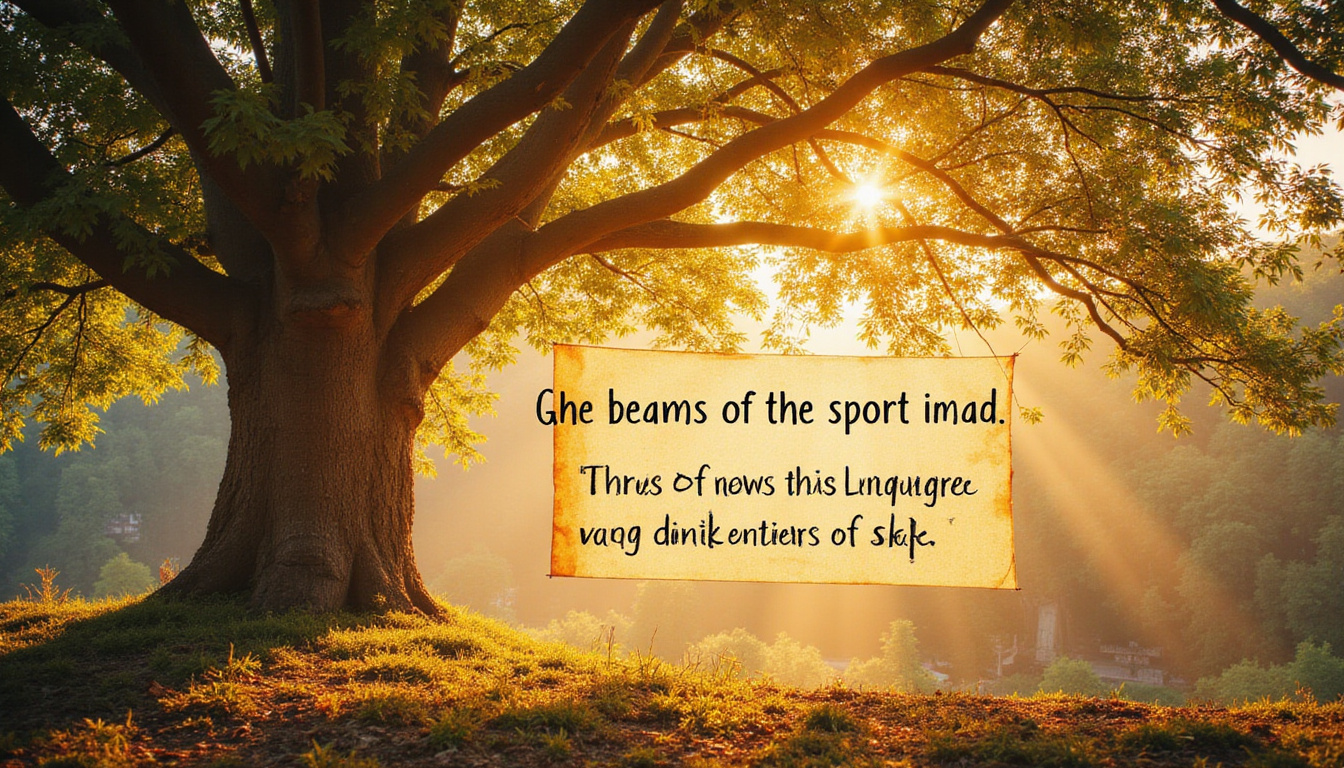  Ancient tree glowing, parchment with handwritten spiritual quotes, soft beams sparking daily purpose