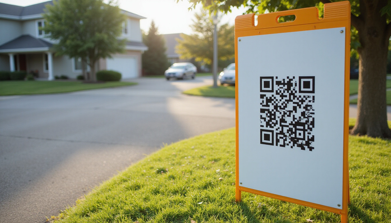  Close-up of durable corrugated plastic sign with QR code, bright colors, strategic placement near driveway