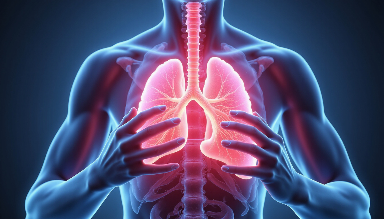  Close-up hands performing chest percussion, animated airflow streams, healthy pink alveoli lighting up