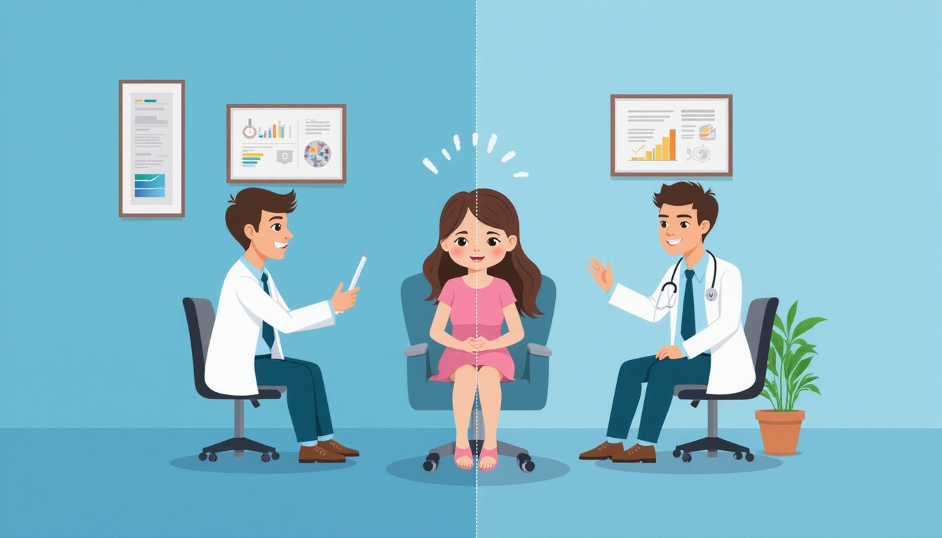  split-image before-and-after hair regrowth, doctor consulting patient, medical charts, calming blue tones