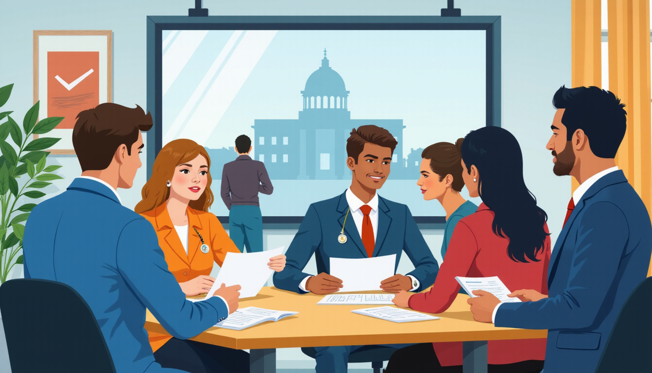  Retailer training scene: diverse staff studying a compliance manual, digital badge, courthouse silhouette