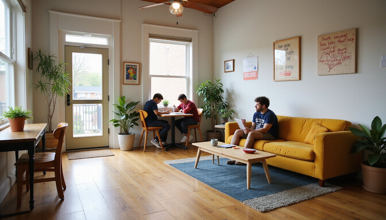  Shared apartment common area, tasteful inexpensive furnishings, secure entryway, students studying, neighborhood safety signage