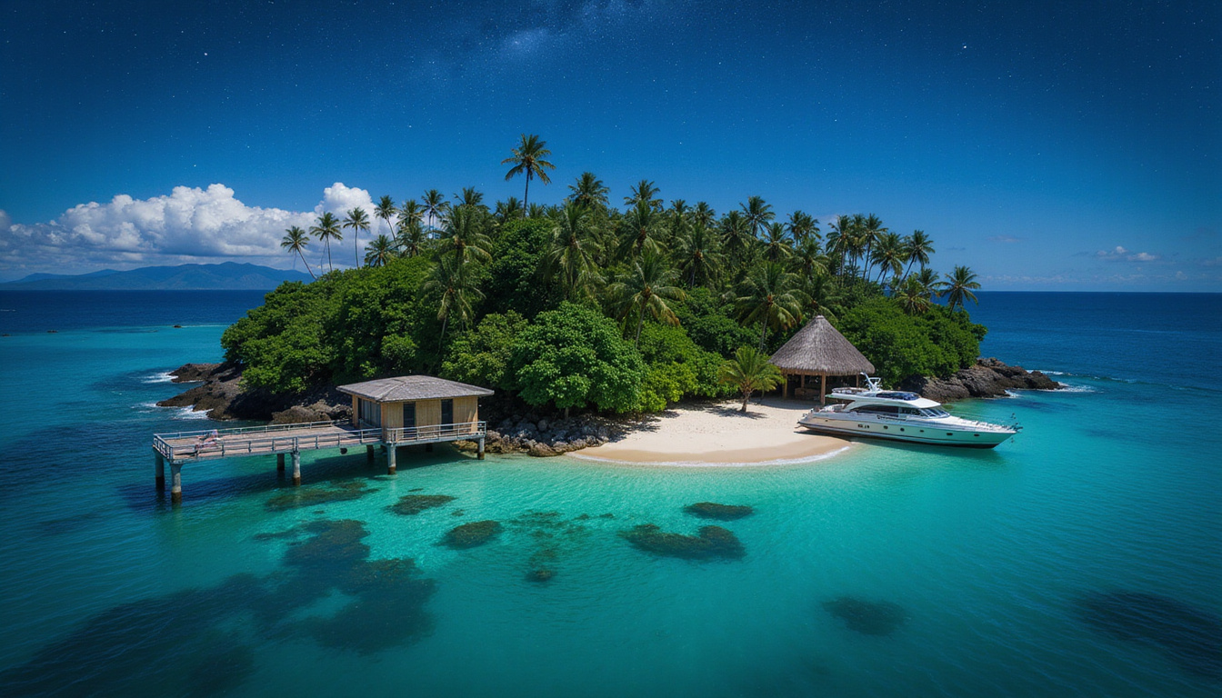  Secluded emerald island with helicopter, yacht dock, jungle spa cabana under starry sky