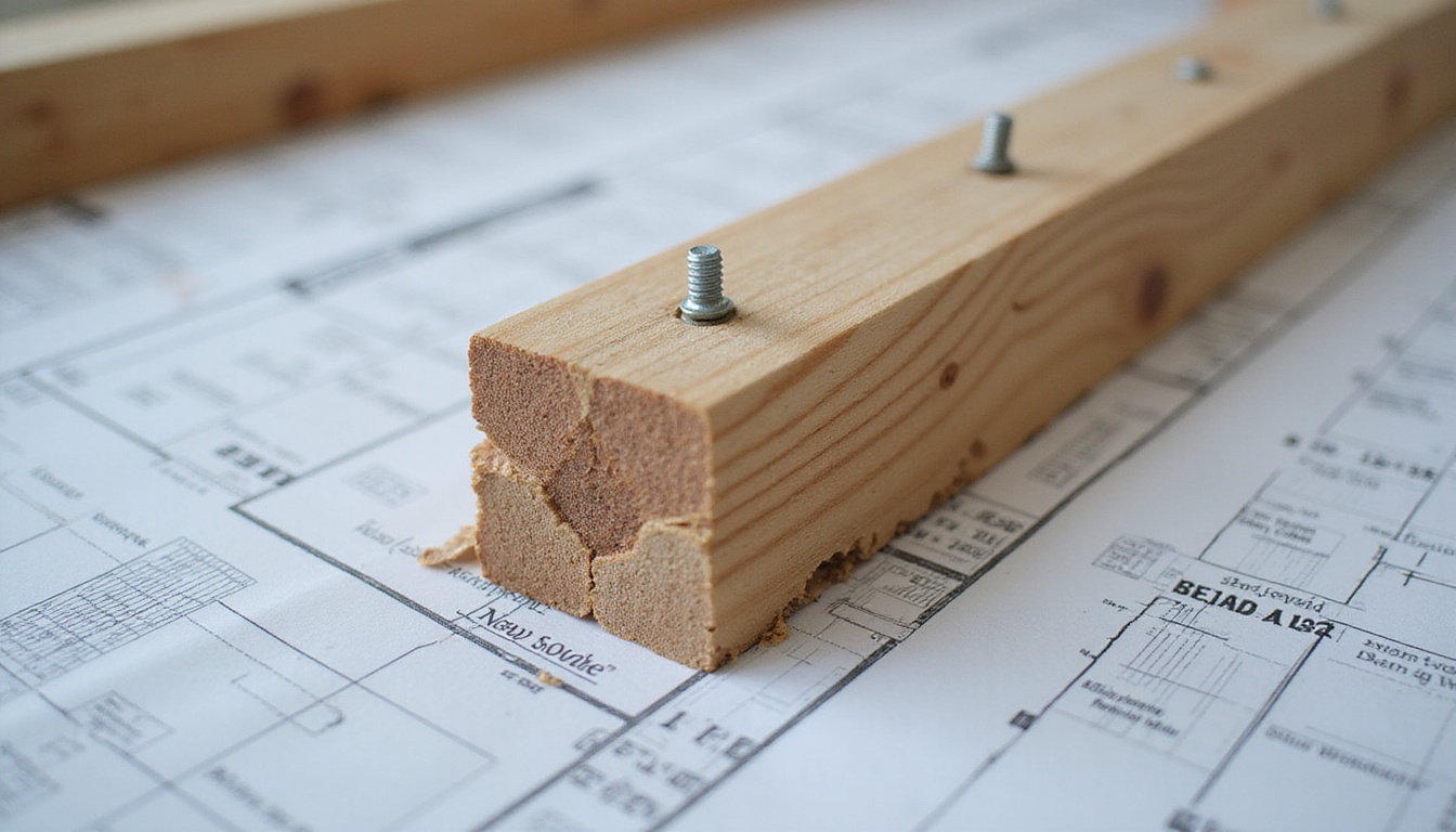  Close-up of squeaky floor joist fix, epoxy injections, galvanized screws, blueprint background