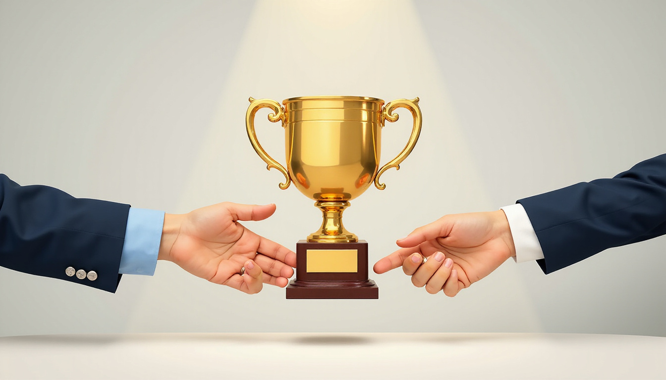  Close-up hands exchanging awarded contract and golden trophy, GovScout logo, strategic checklist