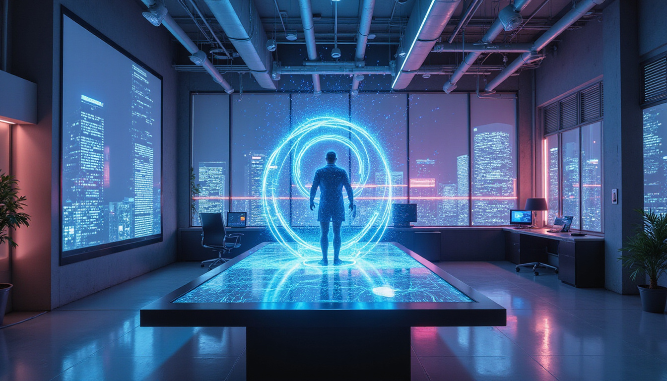 Futuristic lab where AI deciphers human intentions through holographic trajectories and data streams