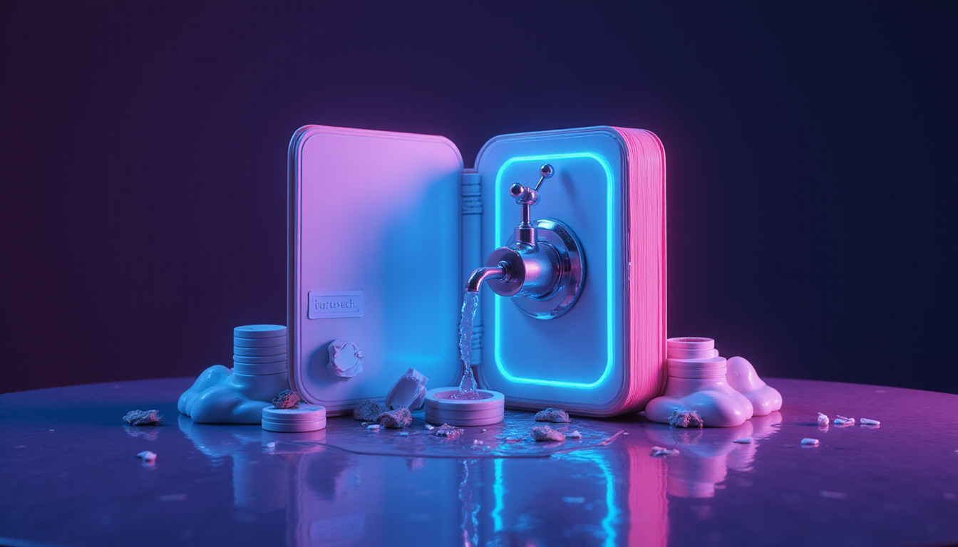 Open guidebook icon, staking tokens and water faucet merging, safe unlocked, vibrant neon