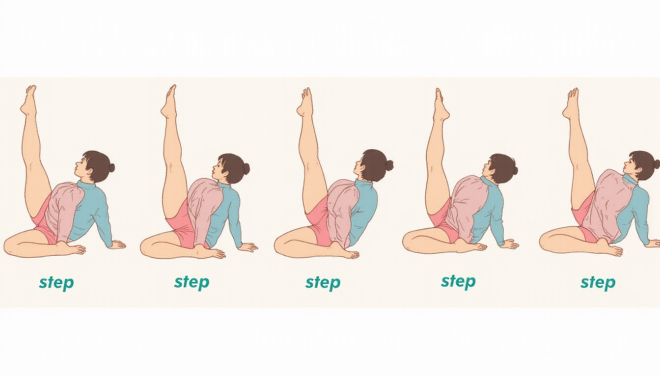  Series of five gentle lumbar stretches illustrated step-by-step, anatomical spine overlay, soothing pastel palette