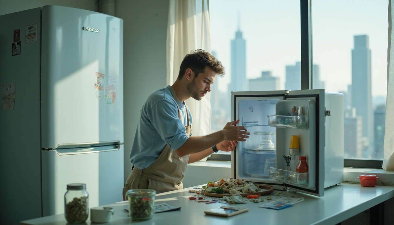  Technician repairing old fridge for resale, cash jar on counter, recycling center, green city skyline