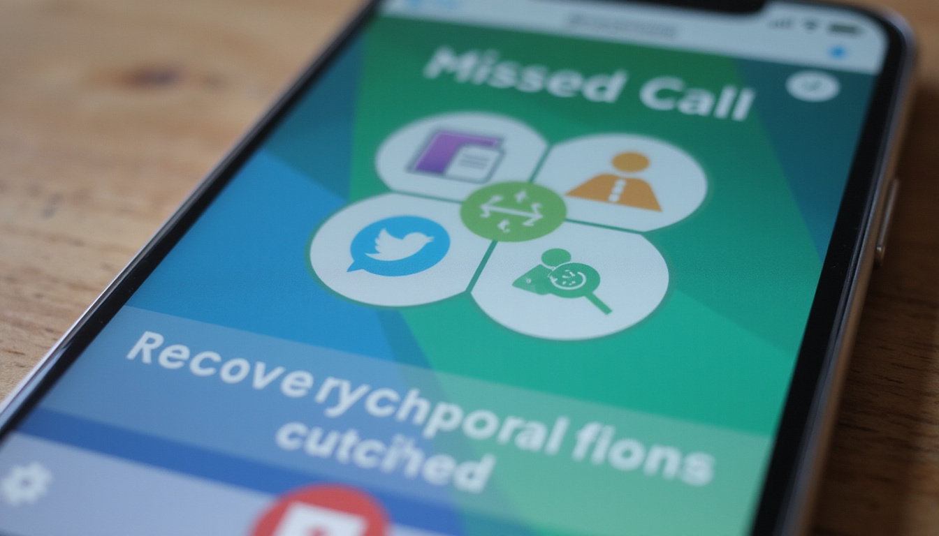  Close-up smartphone screen showing missed call, recovery workflow icons, compassionate outreach, vibrant corporate colors