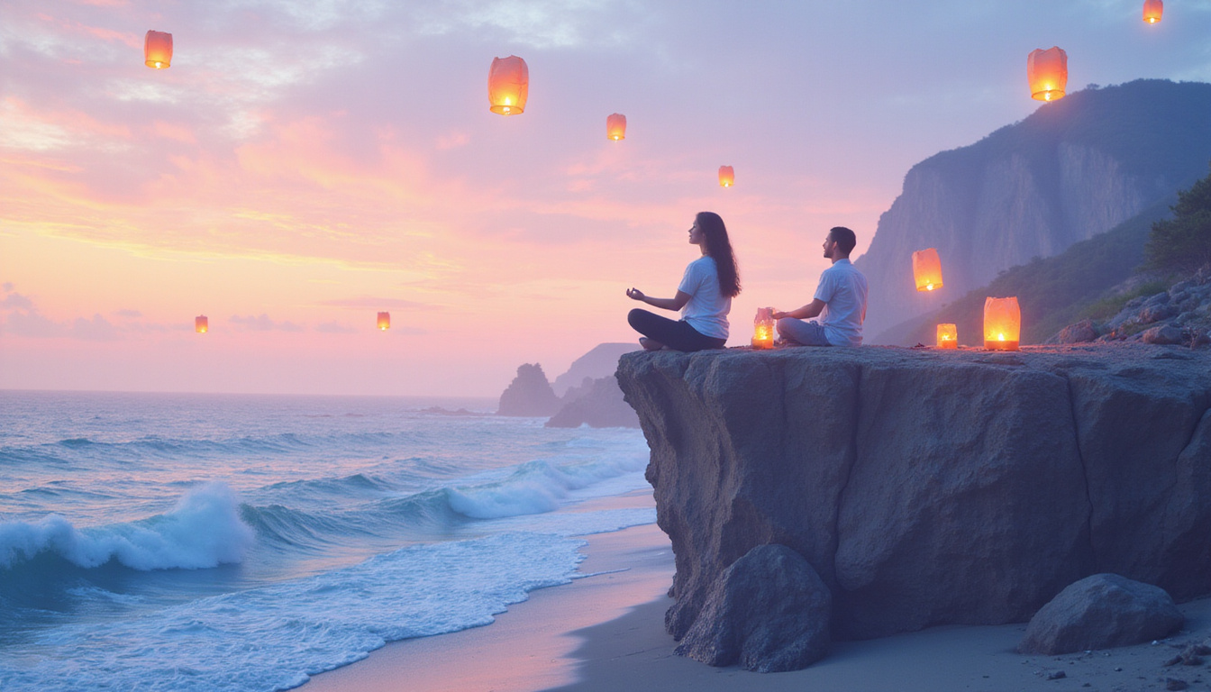  Community meditation on cliff, waves below, lanterns floating, soft pastel sky, transformative serenity