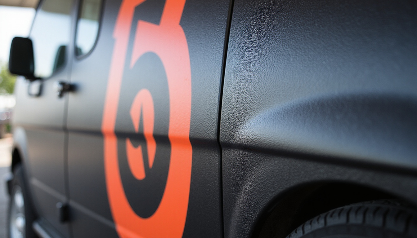  Close-up of wrapped truck side, textured vinyl, eye-catching logo, high contrast colors, reflections