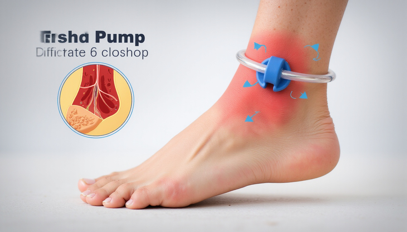  Close-up of ankle pump demonstration with illustrated blood flow overlay, preventing clots, medical infographic