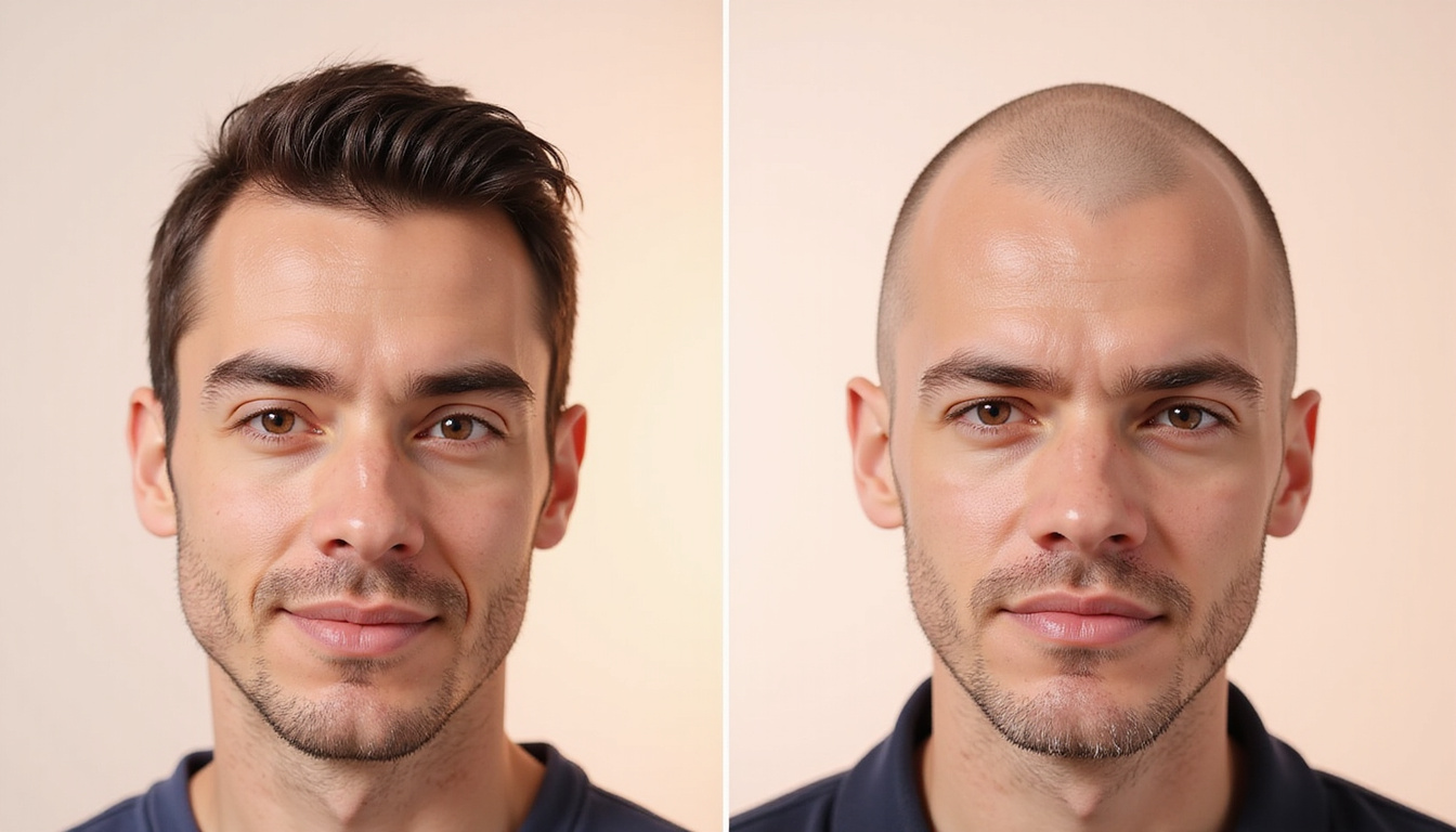  Realistic 3D side-by-side portraits showing treatment effects: minoxidil, finasteride, hair transplant, hopeful lighting