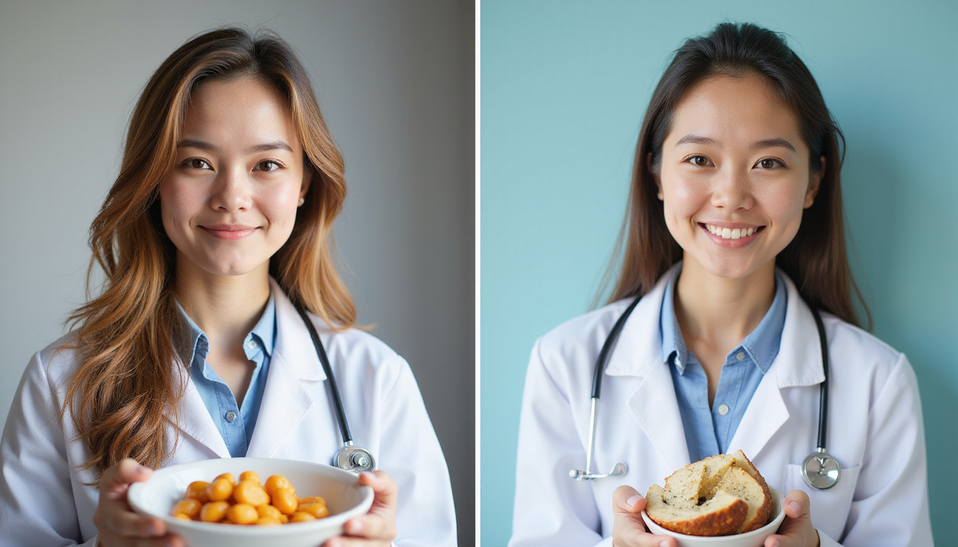  Before-and-after portrait showing hair regrowth post-oophorectomy, clinical setting, doctor smiling, vitamins and nutritious meal