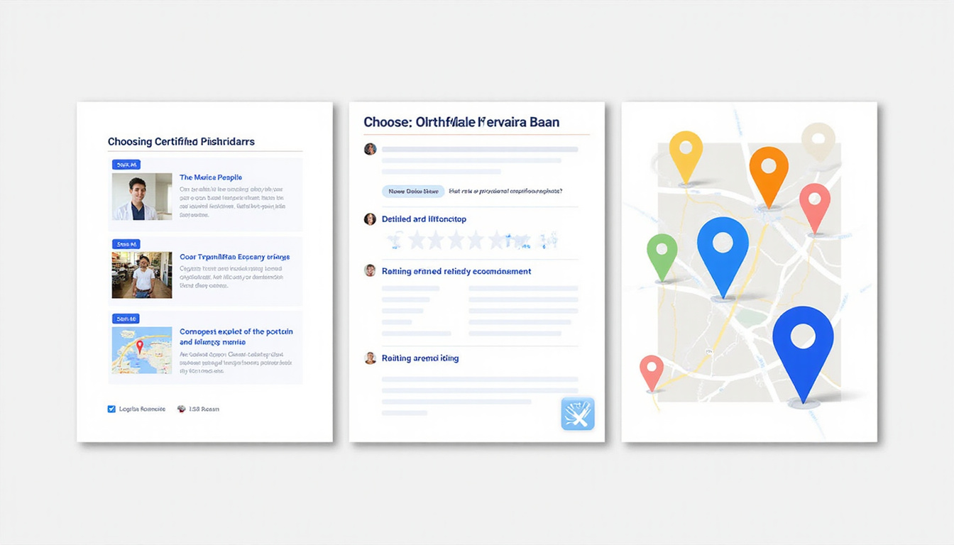 Flat-lay infographic of choosing certified providers in Metairie, checklist, rating stars, location pins