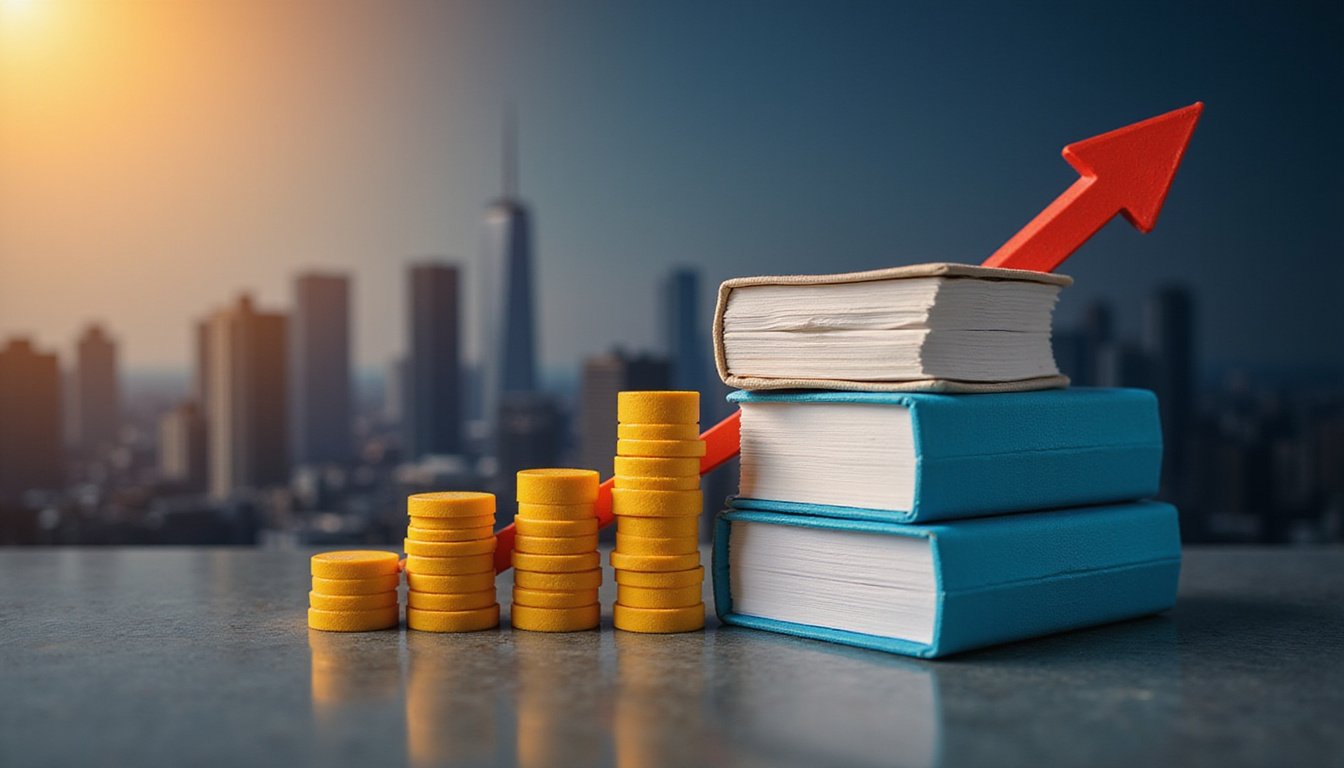  stacked bid proposals, upward arrow, toolbox, city skyline background, warm dramatic lighting, high contrast