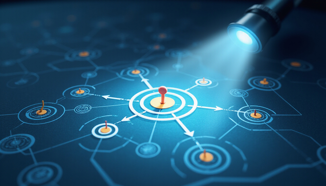  Searchlight over network map of contract opportunities, target icons, growth arrows, 