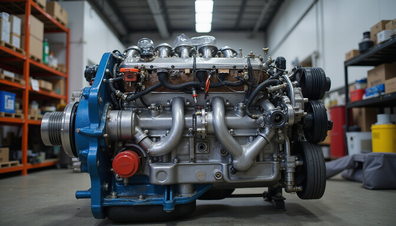 Detailed cross section of swapped engine with highlighted bolts annotated tips ambient workshop lighting