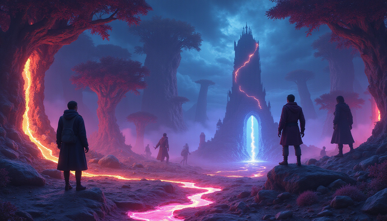 Player protagonist observing emergent narrative scenes, NPCs improvising quests, glowing decision pathways, dramatic perspective