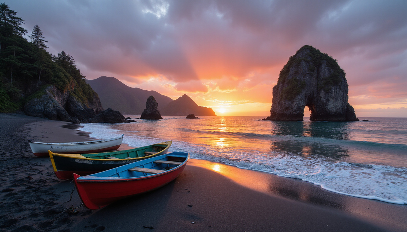  Instagrammable black-sand beach, colorful fishing boats, limestone arch, moody sunset reflections