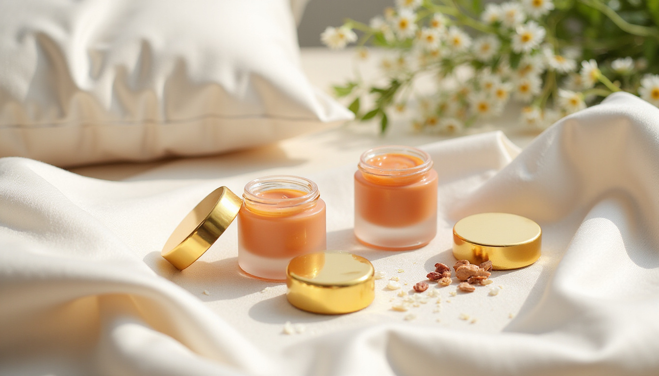 Minimalist skincare routine flatlay: gold-accented lip balms, silk pillow, morning sunlight, botanical extracts
