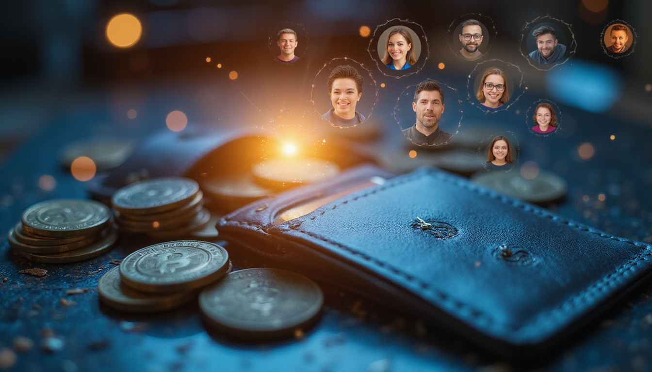 Close-up of digital wallet transferring payroll, blockchain ledger glowing, coins morphing into smiling employee avatars