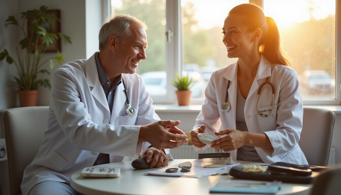 Podiatrist advising smiling runner wearing custom shoe inserts, sunlit clinic, warm realistic tones