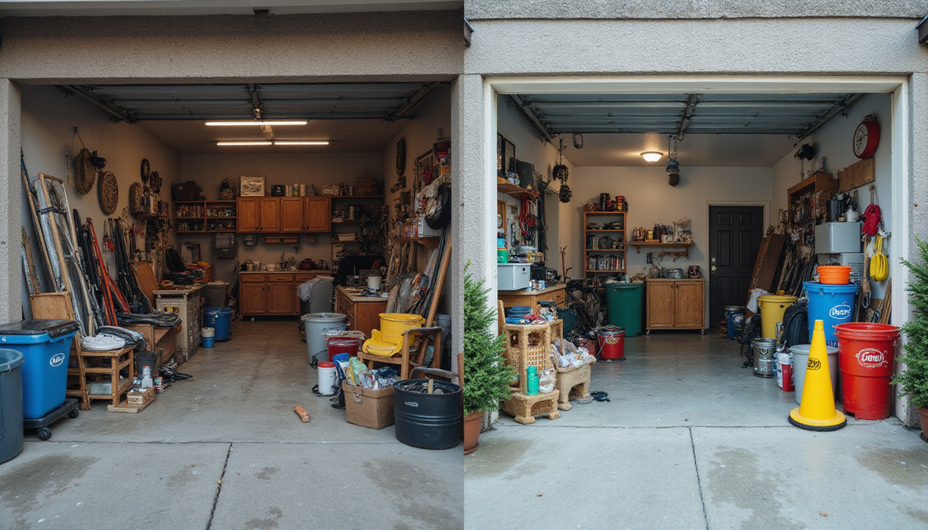  Before-and-after split image, cluttered garage transformed, efficient cleanout crew, safety gear, cinematic