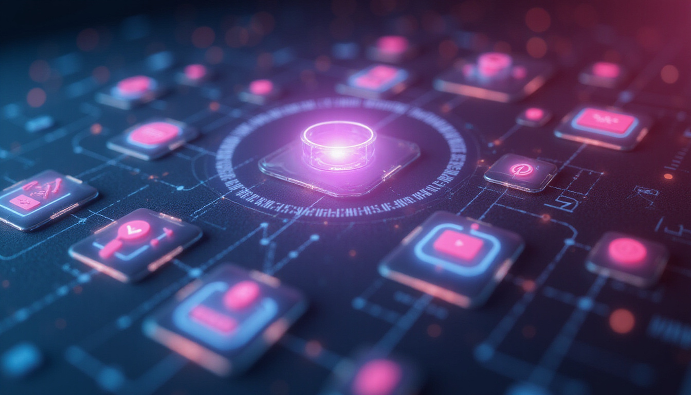 Holographic workflow icons link voice bubble to inbox, smiling professional, bright efficient colors