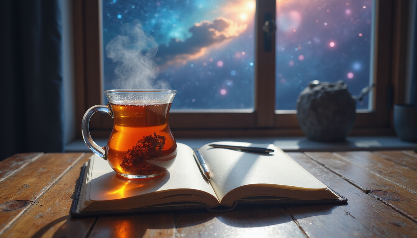  Open journal, pen, steaming tea on wooden table, mirror reflecting vast cosmic landscape