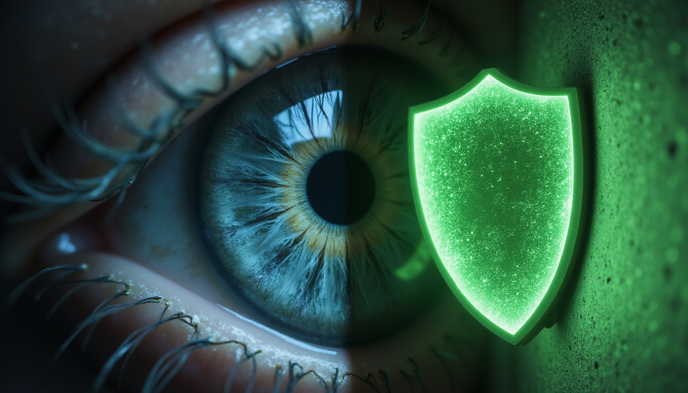  Split composition: healthy eye with green shield versus damaged retina under dark warning storm
