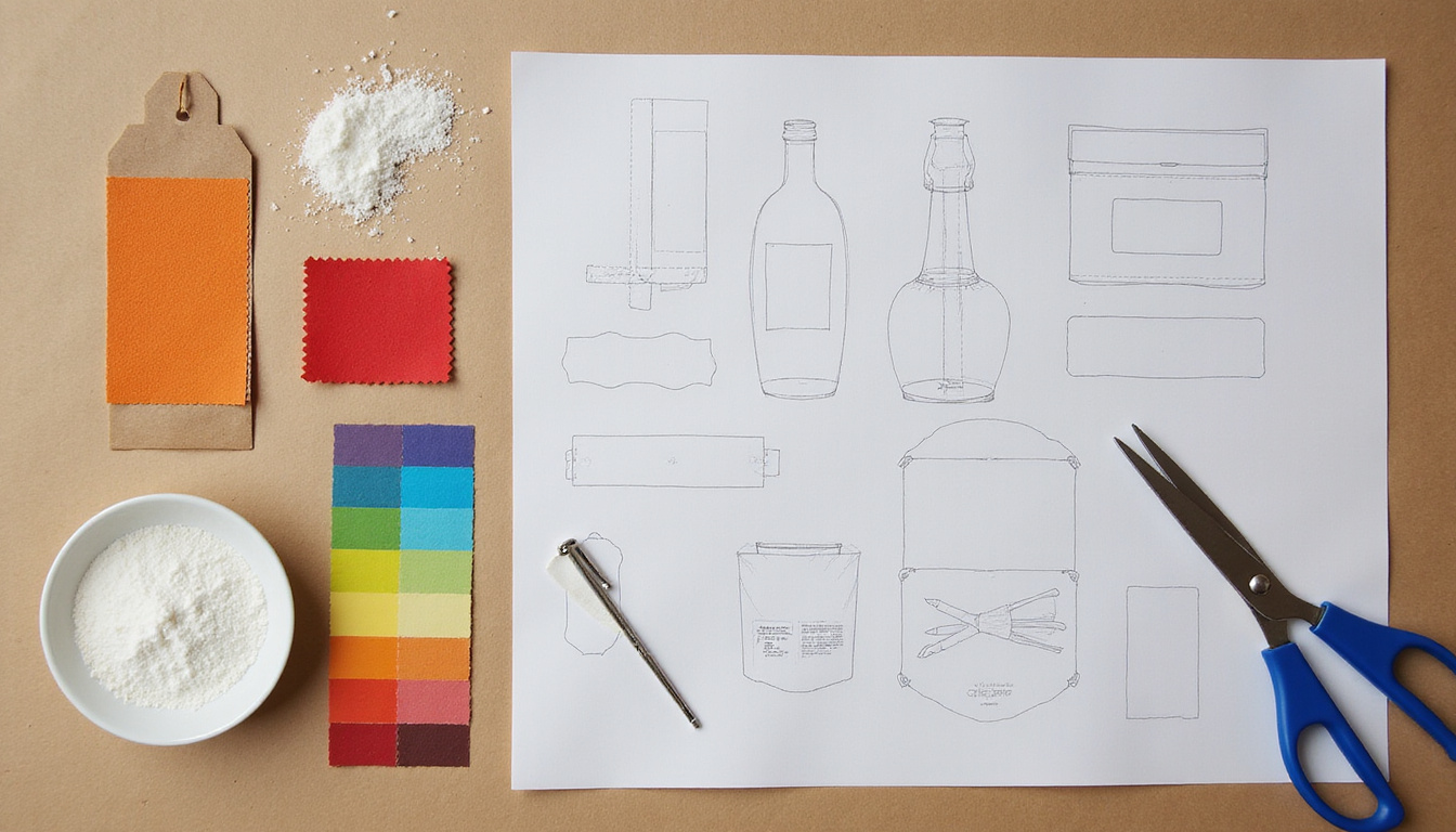  Label design flatlay: color swatches, dielines, texture samples, mockups on kraft paper, scissors, precision tools