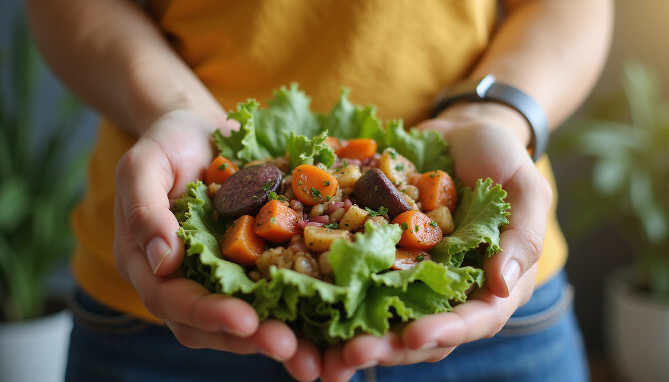  Close-up hands holding fresh salad, wearable heart monitor glowing, morning light, hopeful recovery