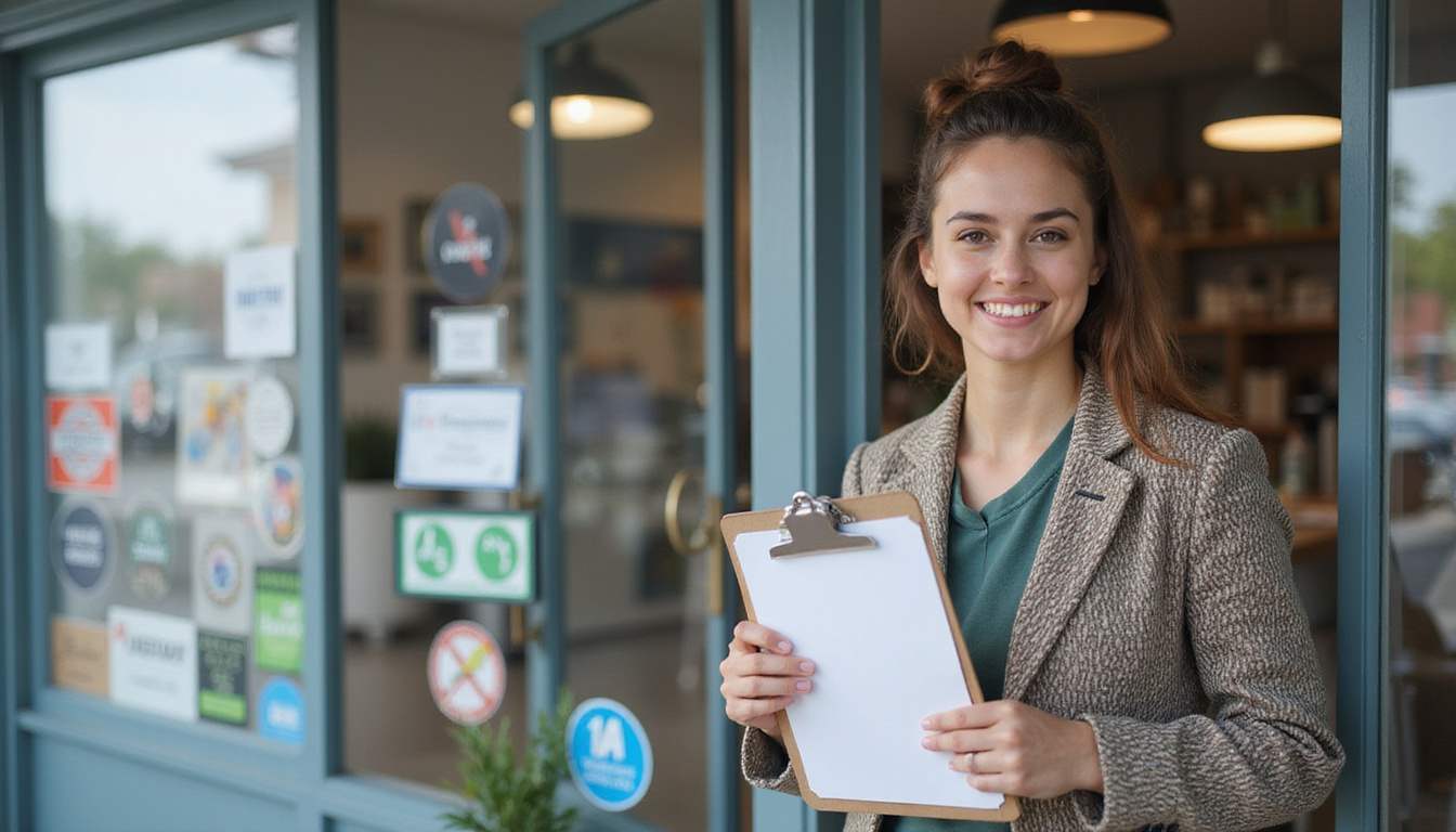  Local supplier storefront near Alexandria coastline, trust seal stickers, smiling community inspection clipboard